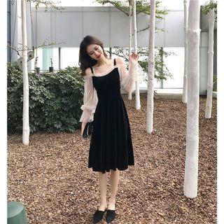 Long-sleeve Off-shoulder Mesh Panel Slim Fit Velvet Dress