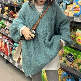 V-neck Cable Knit Sweater Sweater - Aqua Green - One Size