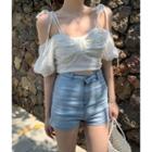 Short-sleeve Cold-shoulder Crop Top White - One Size