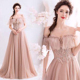 Elbow-sleeve Off Shoulder Sequined Mesh A-line Evening Gown