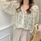 Floral Puff-sleeve Long-sleeve Chiffon Top As Shown In Figure - One Size