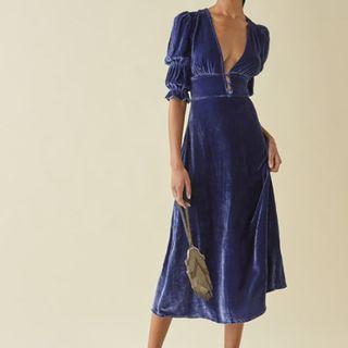 Deep V Puffed Short Sleeve Velvet Sheath Dress