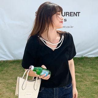 Two-way Short-sleeve Print Pearl Chain T-shirt
