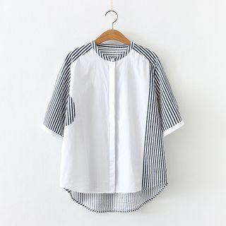 Elbow-sleeve Pinstripe Panel Shirt Black & White - One Size