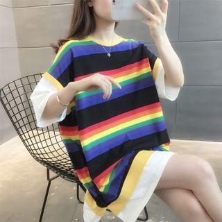 Short-sleeve Rainbow Striped Panel T-shirt