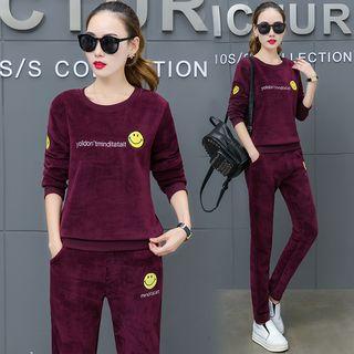 Set: Smiley Face Embroidered Velvet Sweatshirt + Sweatpants