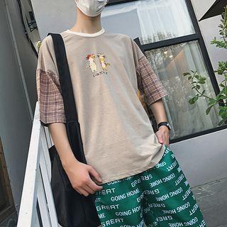 Elbow-sleeve Cat Print Plaid Panel Top