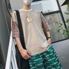 Elbow-sleeve Cat Print Plaid Panel Top