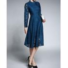 Long-sleeve Buttoned Midi A-line Lace Dress