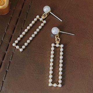 Faux Pearl Rectangle Drop Earring A-96 - 1 Pair - White & Gold - One Size