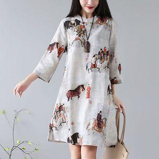 3/4-sleeve Print Midi Qipao Dress