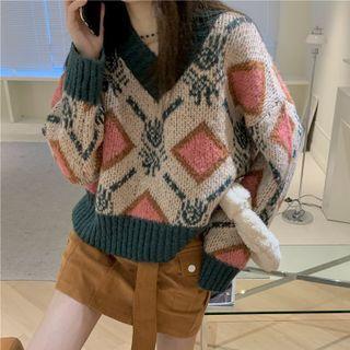 V-neck Argyle Sweater Argyle - Pink & Beige - One Size
