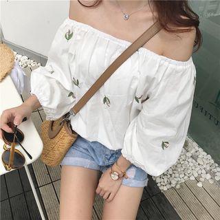 Embroidered Off-shoulder Lantern-sleeve Blouse