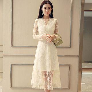 Long-sleeve Lace A-line Midi Party Dress