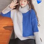 Turtleneck Color Panel Sweater Blue - One Size