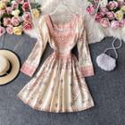 Square-neck Retro Print Puff-sleeve Dress