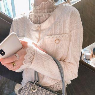 Plain Cardigan / Mock-neck Lace Top