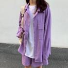 Set: Plain Oversize Shirt + High-waist Wide-leg Shorts Set Of 2 - Purple - One Size