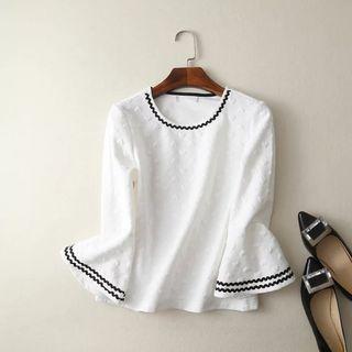Heart Embroidered Bell-sleeve Contrast Trim Blouse