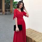 Short-sleeve V-neck Single-breasted Maxi Dress