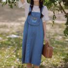 Bell-sleeve Blouse / Embroidered Denim Midi A-line Overall Dress / Set