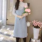 Set: Mock Turtleneck Long-sleeve Top + Spaghetti Strap Midi Plaid Dress