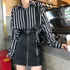 Long-sleeve Striped Shirt / High-waist Zipped Skirt