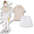 Bow Neck Short-sleeve T-shirt / Pleated A-line Skirt
