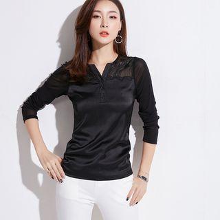 Floral Embroidered Paneled Long-sleeve Mesh Top