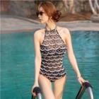 Halter Print Mesh Swimsuit