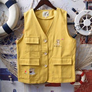 Cat Embroidered Buttoned Vest