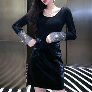 Chain Rhinestone Long-sleeve T-shirt Black - One Size