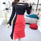 Two-tone Cutout Long-sleeve Sheath Dress