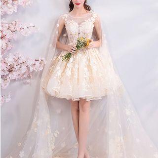 Flower Embroidered Cape-sleeve A-line Mini Prom Dress
