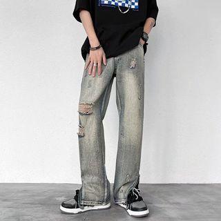 Mid Waist Zip Hem Distressed Loose Fit Jeans