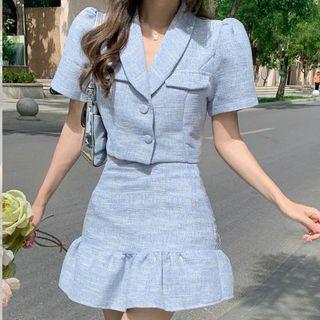 Short-sleeve Button-up Crop Top / Mini Mermaid Skirt