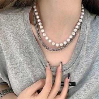 Faux Pearl Chain Layered Necklace Silver - One Size