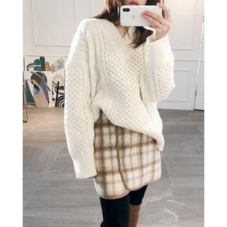 V-neck Cable Wool Blend Sweater