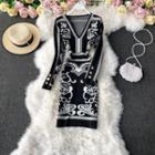 Long Sleeve V-neck Print Knit Dress Black - One Size