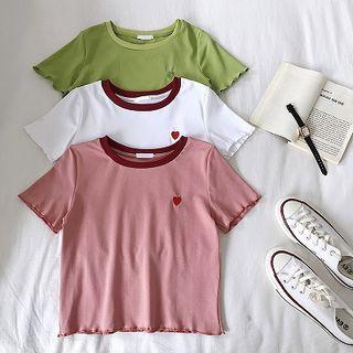 Heart Embroidered Panel Slim-fit Short-sleeve Top
