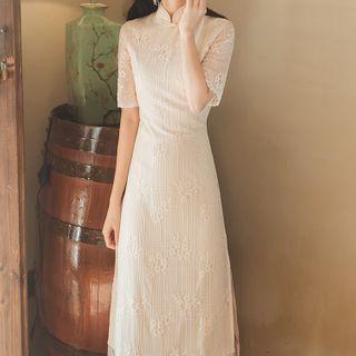 Short-sleeve Faux Pearl Fringe Midi Qipao