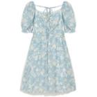 Puff-sleeve Square-neck Heart Mesh Panel Floral Tie-strap Dress