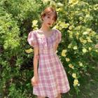 Balloon-sleeve Plaid A-line Dress / Blouse