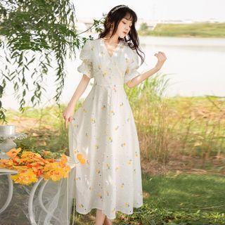 Puff-sleeve Floral Eyelet Lace A-line Midi Dress
