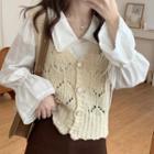 Pointelle Knit Sweater Vest / Flared-cuff Blouse