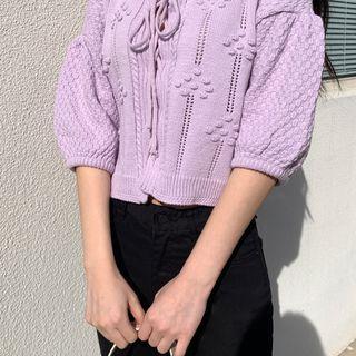 Lace-up Pompom Cropped Cardigan Violet - One Size