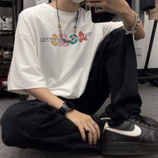 Elbow-sleeve Lettering T-shirt / Cropped T-shirt