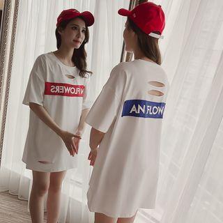 Elbow-sleeve Lettering Ripped Long T-shirt