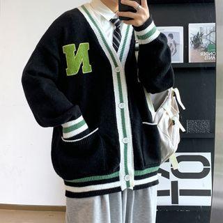 Long-sleeve Contrast Trim Applique Knit Cardigan