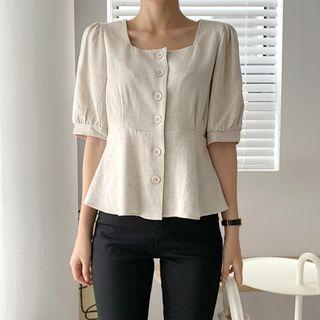 Square-neck Linen Blend Peplum Blouse Oatmeal - One Size